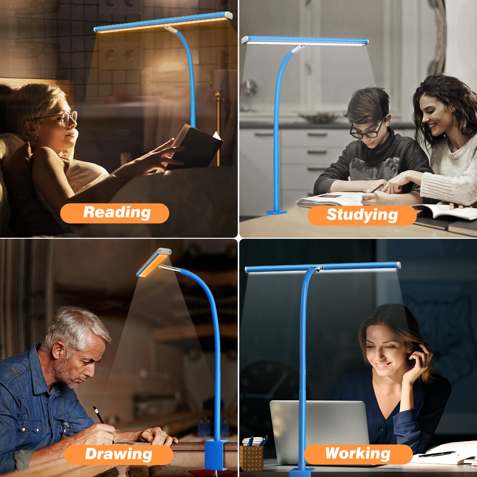 Airlonv LED Desk Lamp with Clamp, 17" Stepless Dimming Light, Blue view 5