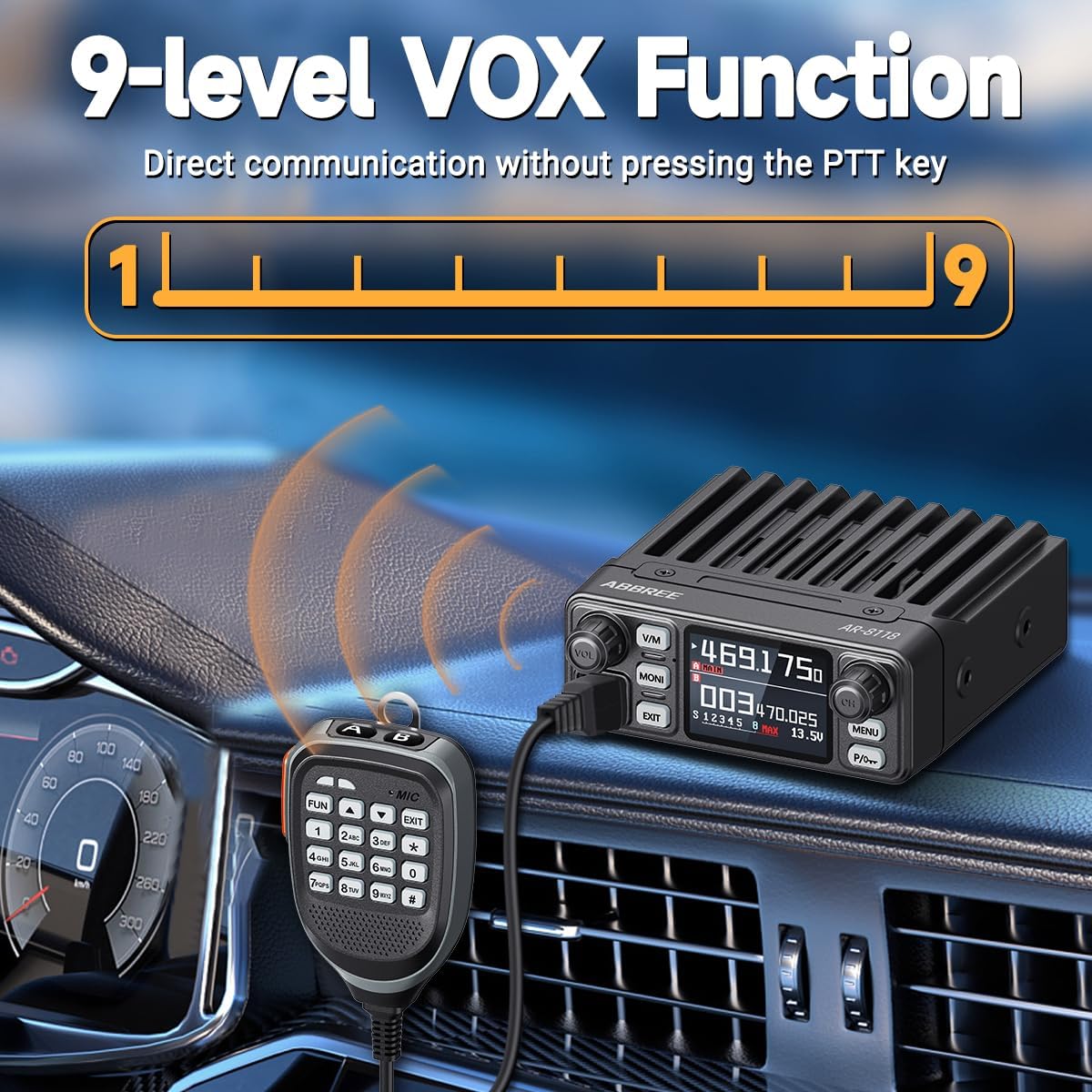 ABBREE AR-8118 GMRS Mobile Radio in a car interior, illustrating the 9-level VOX function for hands-free communication.