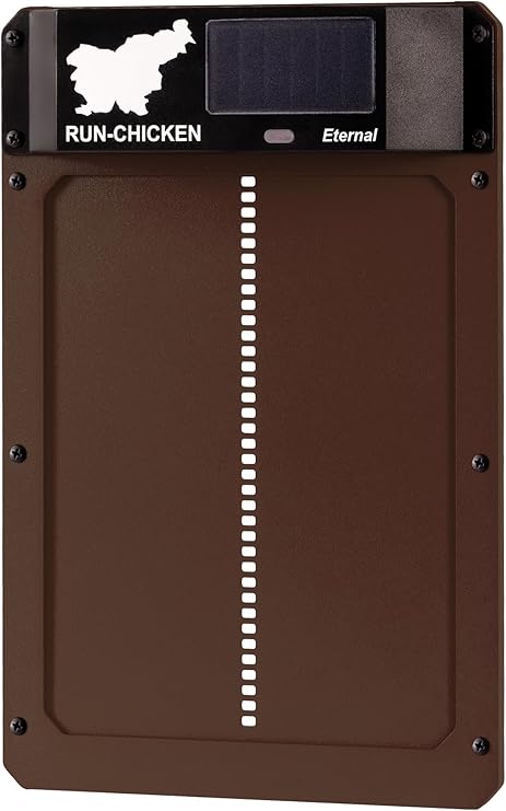RUN-CHICKEN Door (Brown) Solar Powered Automatic Chicken Coop Door, Battery Operated, Programmable Electric Chicken Run Door Opener with Timer, Light Sensor, Solar Powered, Eternal