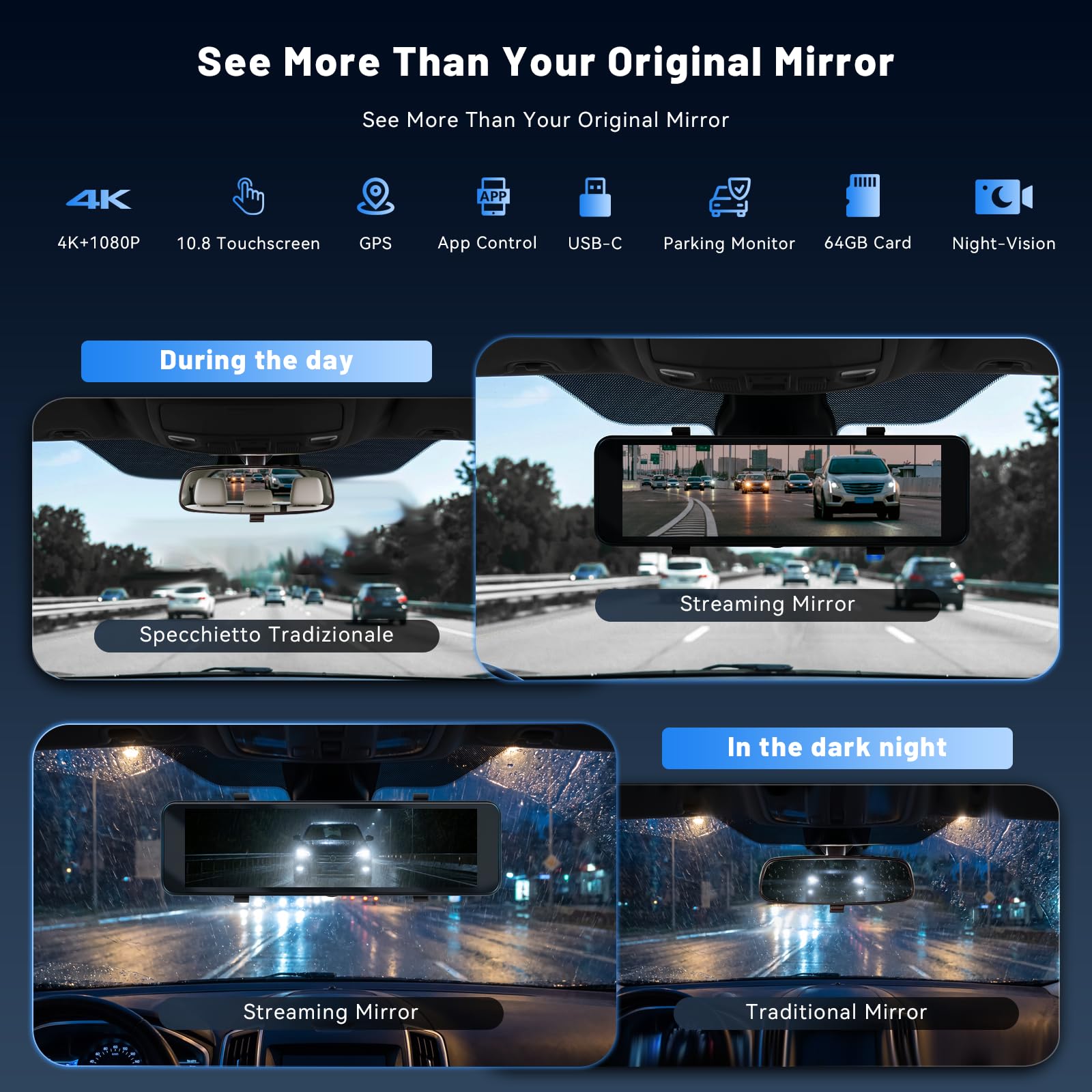 Hikity Dash Cam Rétroviseur 4K Avant 1080P Arrière Écran 10,1"