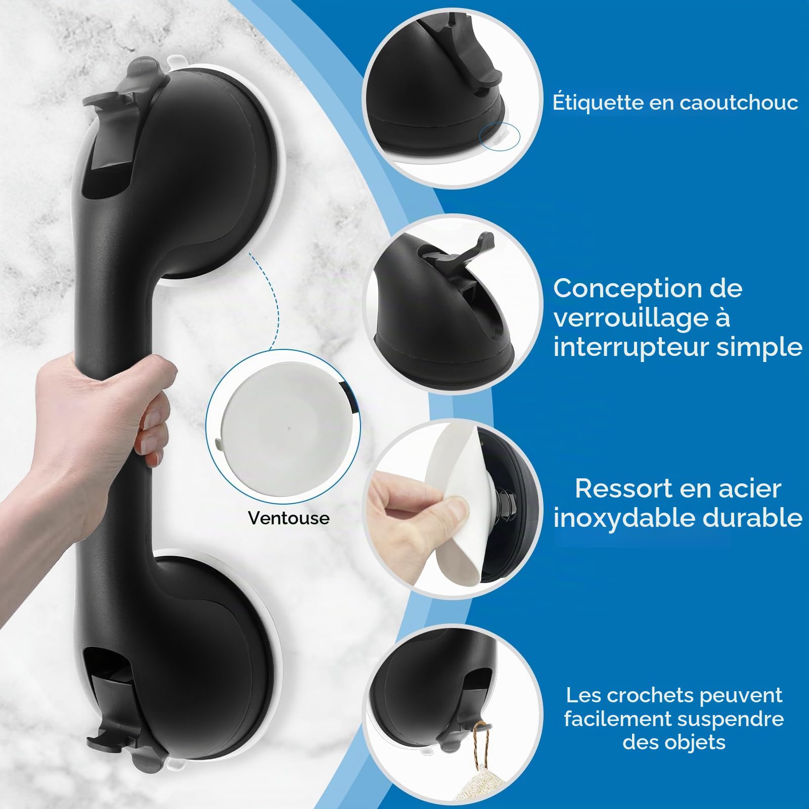 Poignée Ventouse, Poignée de Douche Sans Percage 2 Pcs | Barre D'appui Ventouse,Capacité Portante 100kg Barre D'appui Douche pour Personnes Âgées,Handicapés,Enfants