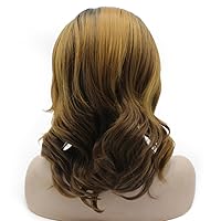 Vista 4 de Mxangel - Peluca de encaje frontal suizo rubio ondulado medio largo con raíces negras, ombré