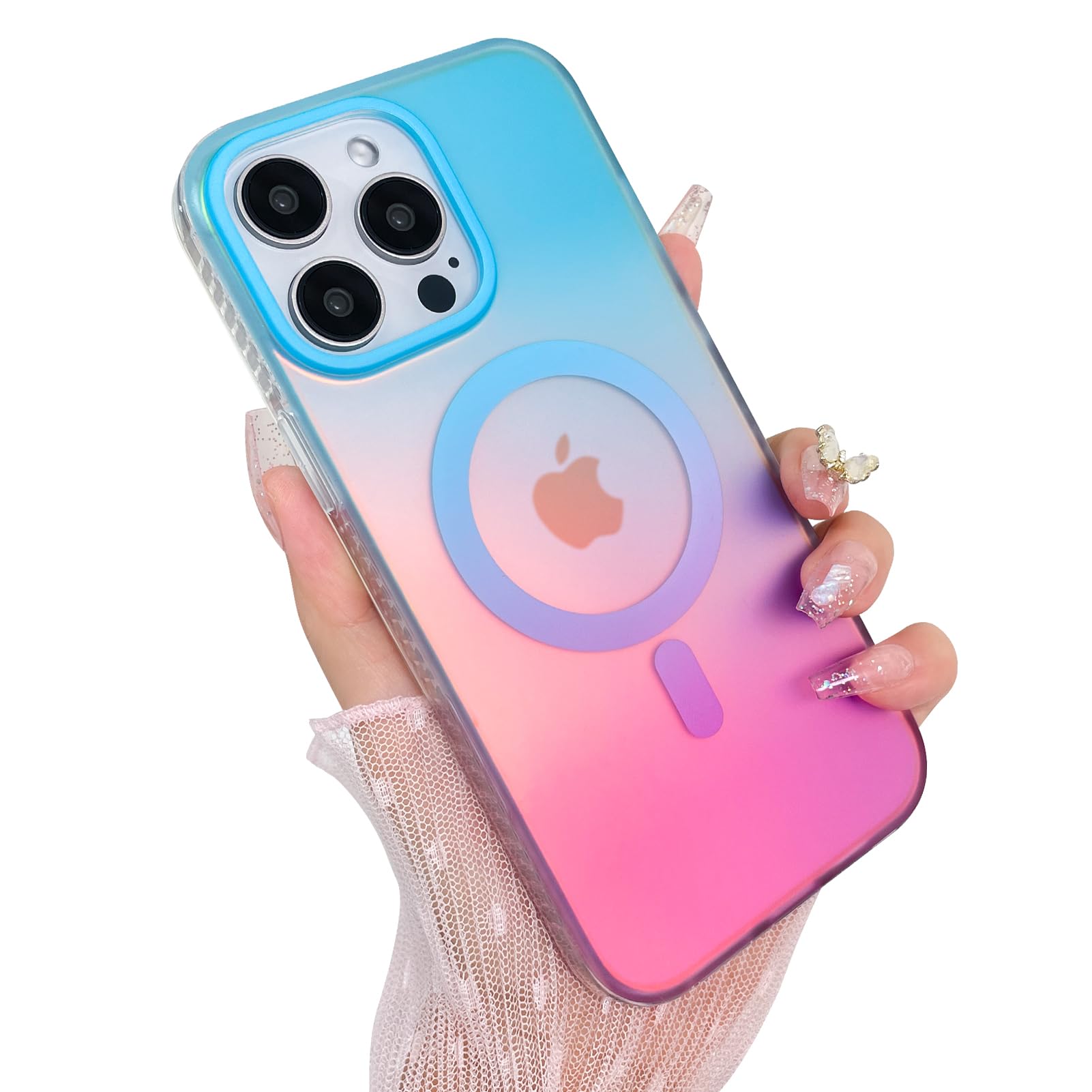 Heaofei Aesthetic Case for iPhone 14 Pro Case for Women Girls, Compatible with Magsafe, Cute Girly Trendy Glitter Sparkly Rainbow Magnetic Protective