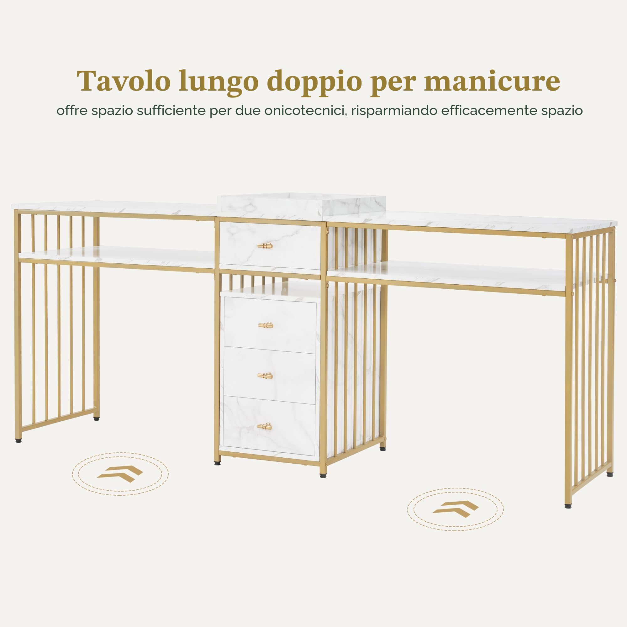 MCombo M tavolo per unghie doppio con cassetti, scrivania con ripiano, tavolo per manicure, toletta senza specchio soggiorno moderno, marmo-bianco-oro, 50 x 200 x 86cm, 2413