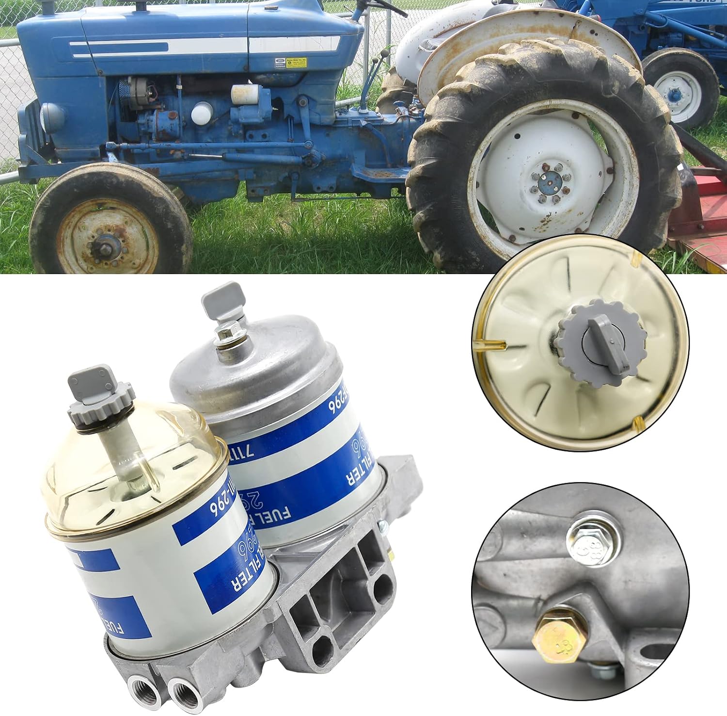 Saihisday Dual Double Fuel Filter Tractor Fuel Filter CAV Style Assembly Replacement for Ford Tractor Models 2000 2600 3000 3600 Compatible With New Holland NH Universal With Bowl
