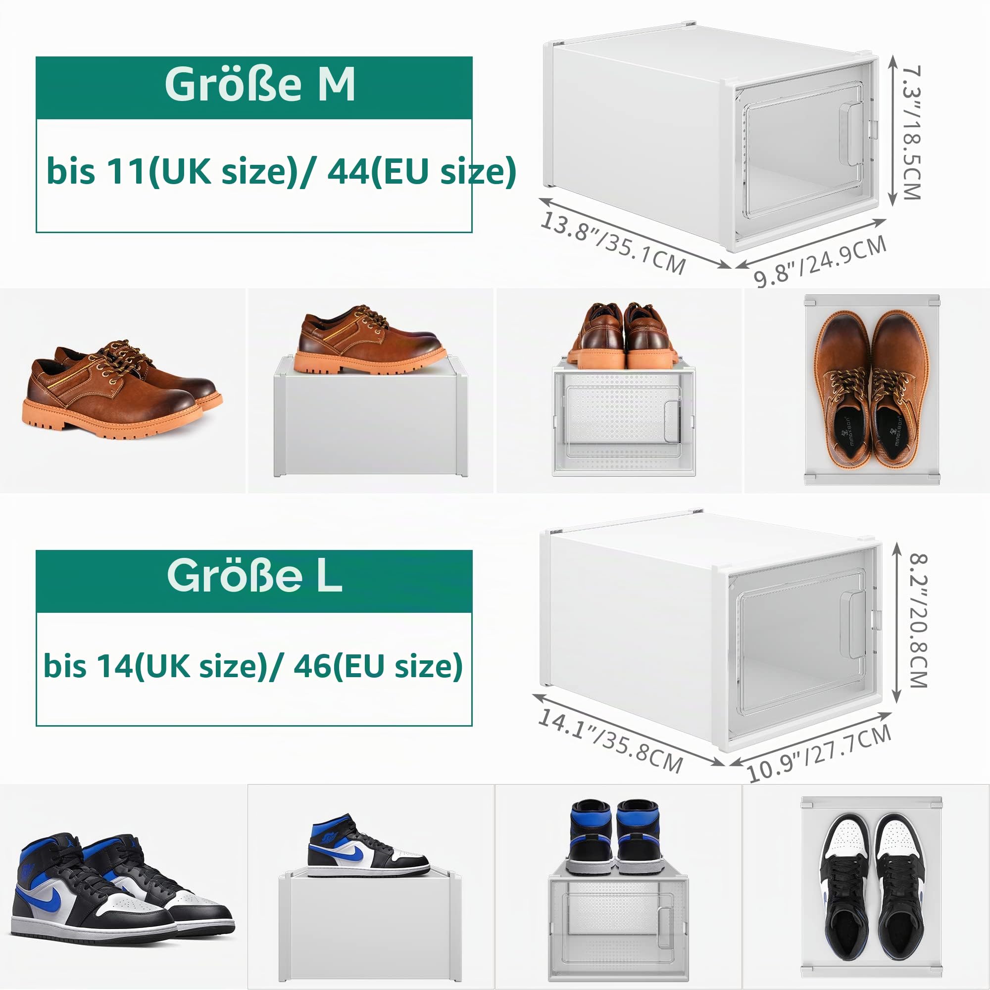 YITAHOME Schuhboxen, 6er Set, Schuhkarton stapelbar stabil, Aufbewahrungsboxen für Schuhe mit transparent Tür und Belüftungslöchern, für Schuhe bis Größe 46, stapelbare schuhbox weiße