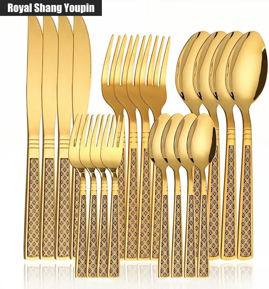 Square Handle Kitchen Stainless Steel Silverware Tableware Flatware Cutlery Set Steak Knife Fork Spoon Teaspoon (A,16 pieces)