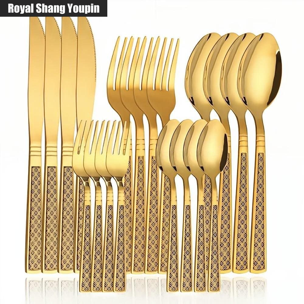 Manico Quadrato Cucina Posate in Acciaio Inossidabile Posate Posate Set Coltello Da Bistecca Forchetta Cucchiaio Cucchiaino (A,16 pezzi)