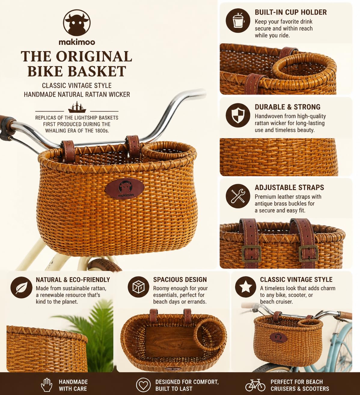 Cesta de bicicleta para mujer, crucero de playa o scooter, cestas de mimbre originales con portavasos integrado para manillar delantero, estilo clásico vintage, hecho a mano de mimbre natural de ratán
