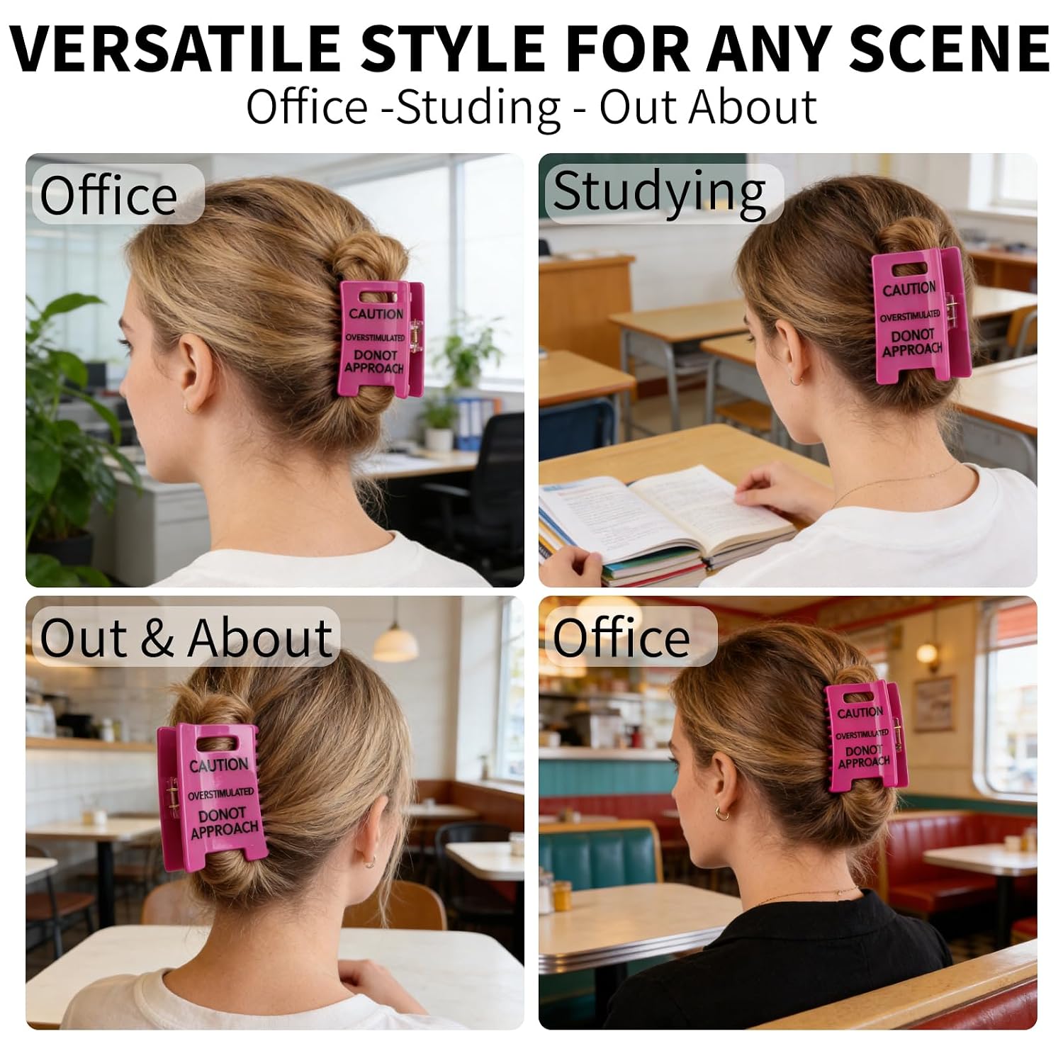 Overstimulated Do Not Approach Hair Clips with Warning Signs,Unique Hair Accessories in 4 Colors, Each 3.2 inch,Funny Yellow Safety Sign Claw Hair Clips Personalized Gift for Humor Lovers (4pcs)