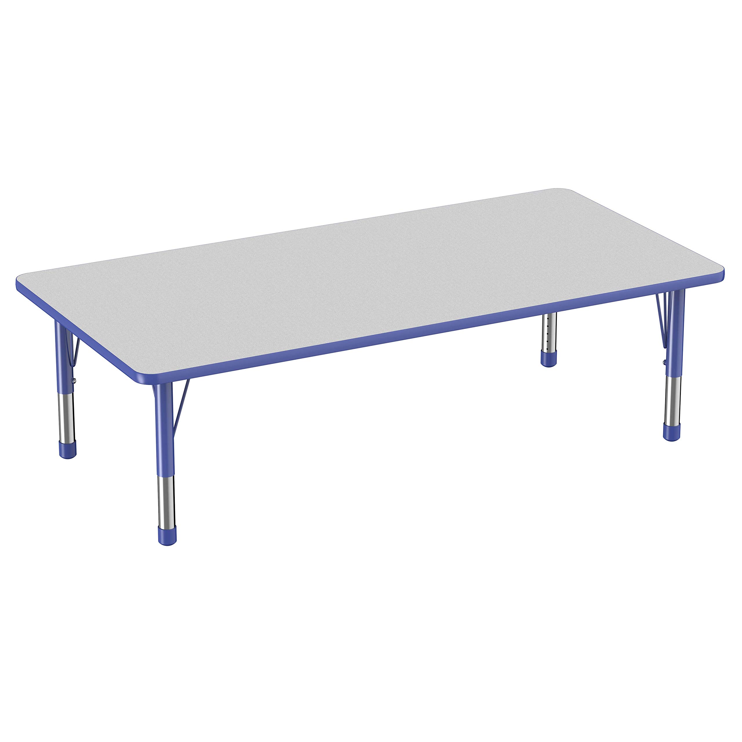 FDP Rectangle Activity School and Classroom Kids Table (36 x 72 inch), Toddler Legs, Adjustable Height 15-24 inches - Gray Top and Blue Edge