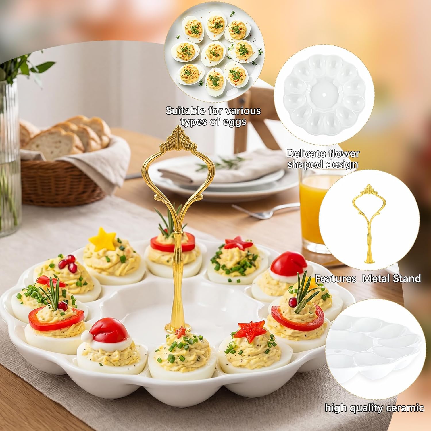 Potchen Multi Tier Ceramic Deviled Egg Platter Deviled Egg Tray Container, Detachable Eggs Holder Tower Wedding Party Food Container for Kitchen Countertop Microwave Dishwasher Freezer(Crown,1 Tier)