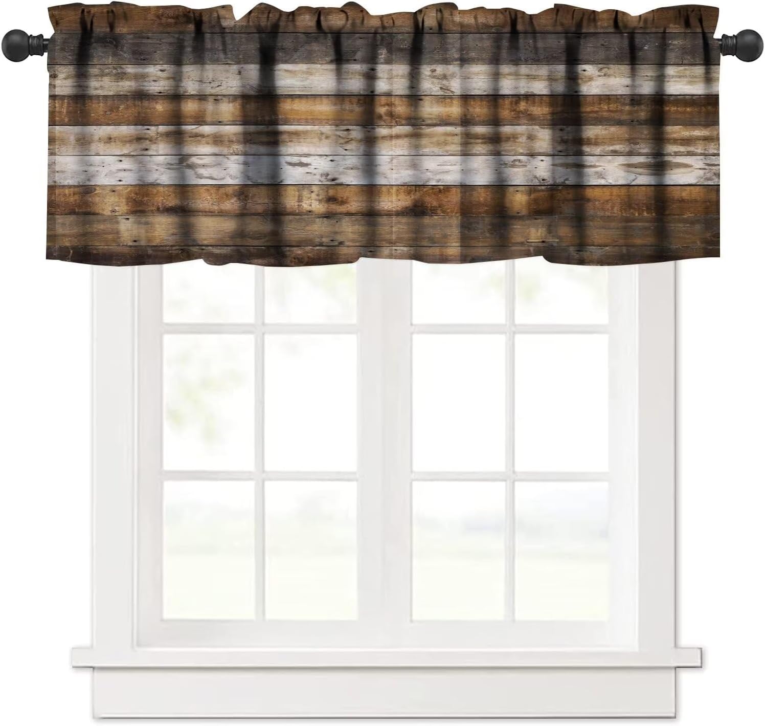 JESTRONRY Brown Rustic Valance Curtains, Barn Wood Antique Brown Grey Farm Wooden Planks Window Treatment Valances for Bedroom Kitchen Decor with Rod Pocket