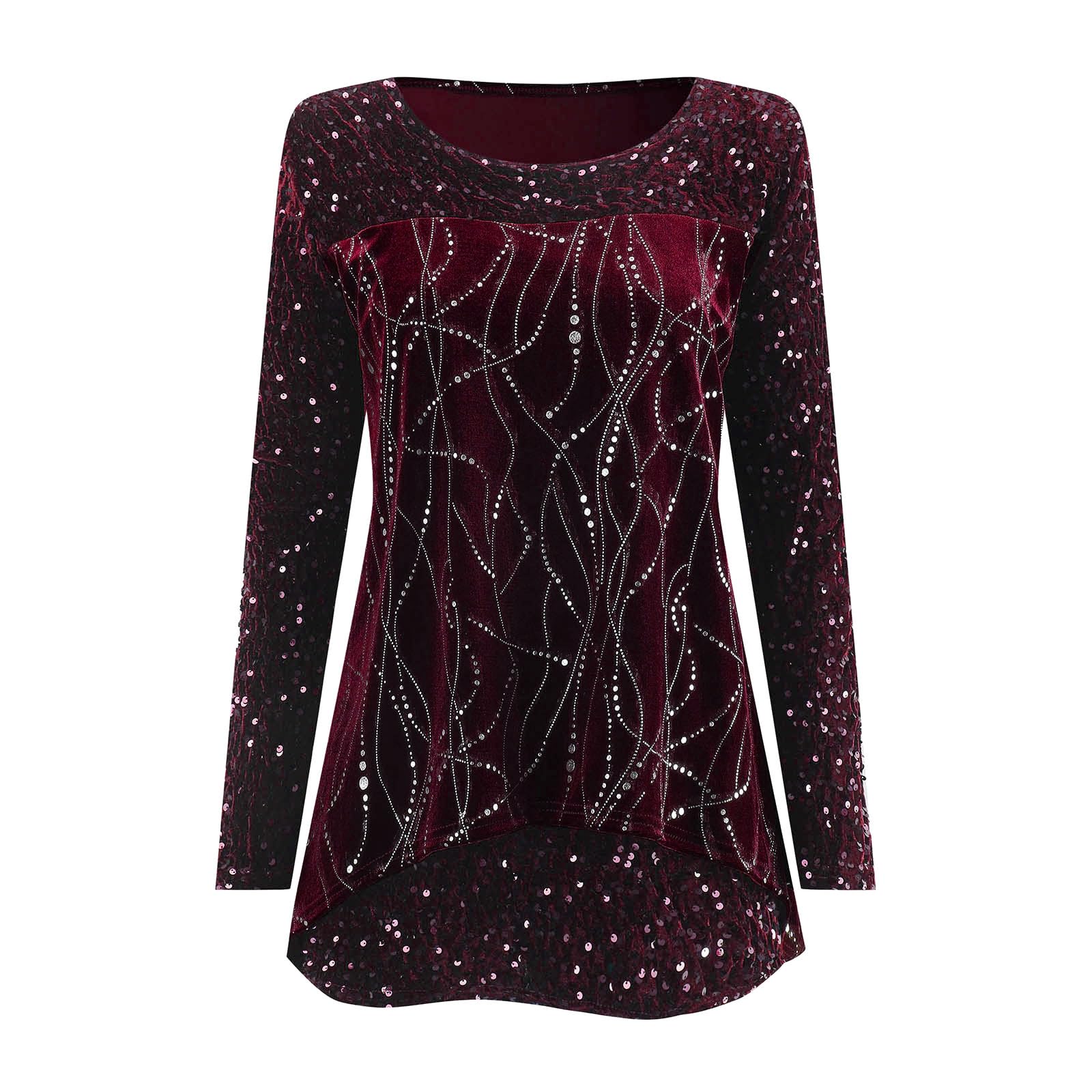 Glitzer Oberteile Damen, Pailletten Bluse Damen Elegant,T Shirt Damen Langarm Asymmetrischer Saum Langarmshirt Locker Tunika Tops Longshirt Festliche Party Oberteil Blusen & Tuniken für Frauen