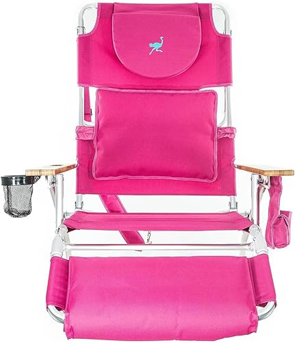 Miniatura 8 de Ostrich Silla deportiva acolchada 3 en 1 portátil de lujo con 5 posiciones y reposapiés y tumbona plegable con marco de acero con 4 posiciones, rosa