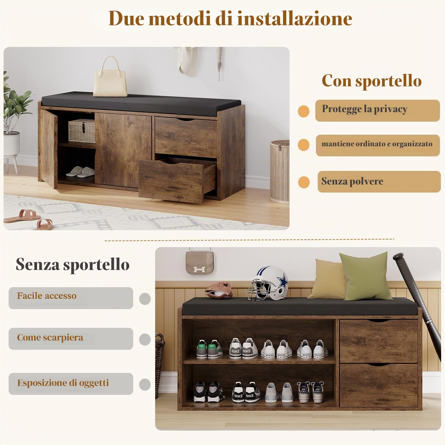 LVB Scarpiera Panca Ingresso Panca con Contenitore Panchina con Seduta Imbottita Multifunzionale Scarpiere con Cassetto per Soggiorno Camera da Letto Carico Massimo 150kg Marrone Vintage Nero 101cm