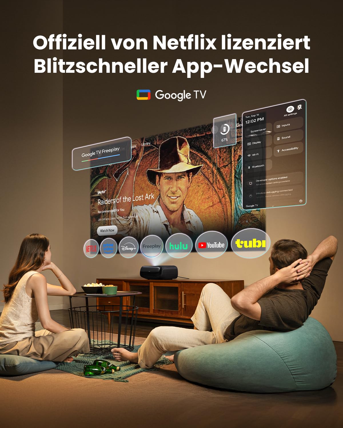 JMGO O2S Ultra UHD 4K Ultrakurzdistanz Beamer, 3600 ISO Lumen Triple Laser Projektor, 0,16:1 Kurzdistanz, Dolby Vision, Google TV, 4000:1 Kontrast, 20W Dynaudio, Dolby Atoms, DTS-X, 150" Laser TV