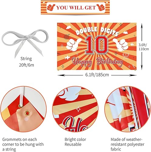 Miniatura 2 de Decoraciones de cumpleaños número 10 para niñas y niños, pancarta de fondo de feliz cumpleaños número 10, color rojo, doble dígito para fiesta de