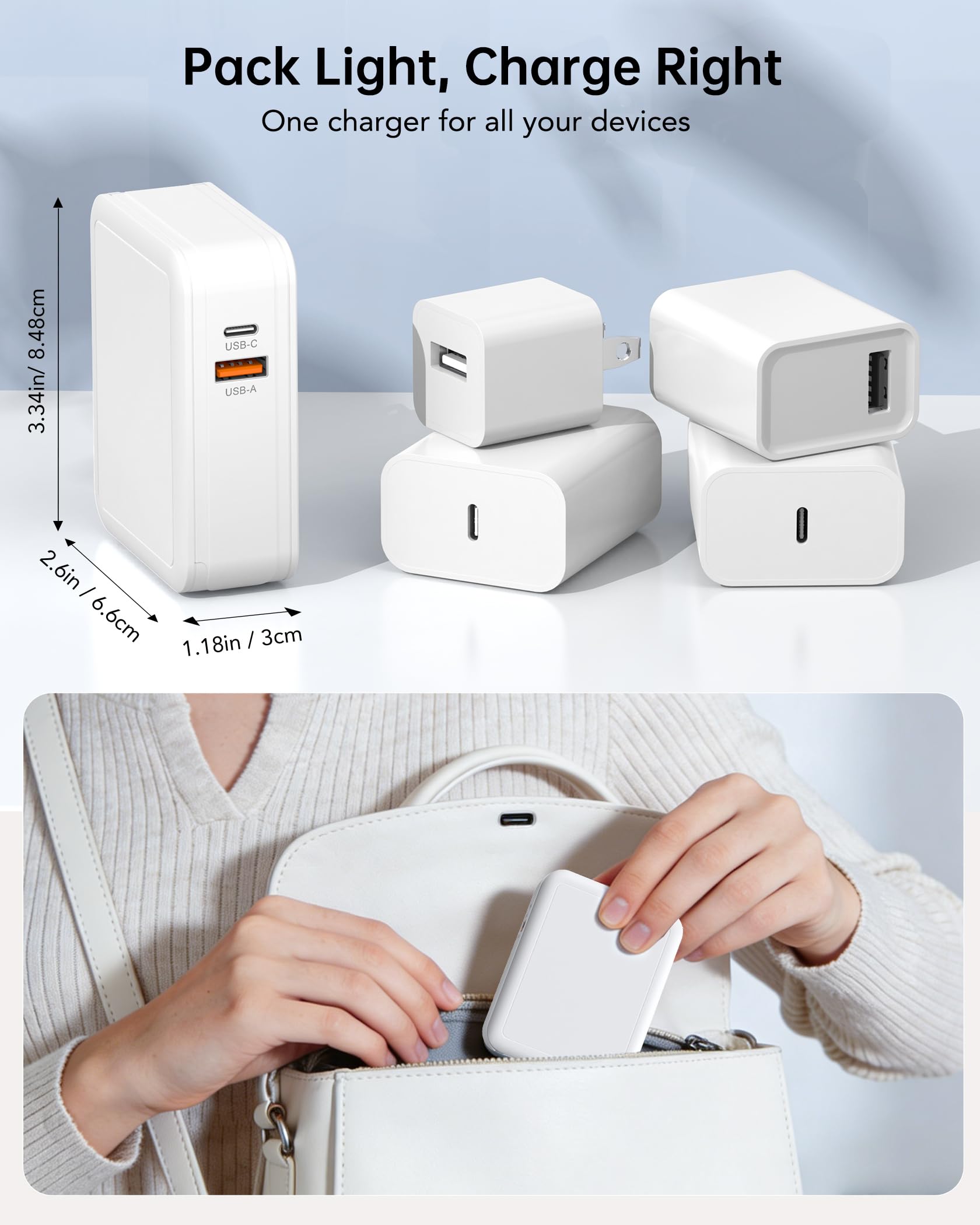 Cargador de teléfono retráctil 4 en 1 con doble puerto USB, cargador de pared retráctil de 2 pies con cables duales, cargadores USB C de 50 W que bloquean la carga rápida para iPhone 17 Pro/16/15/14