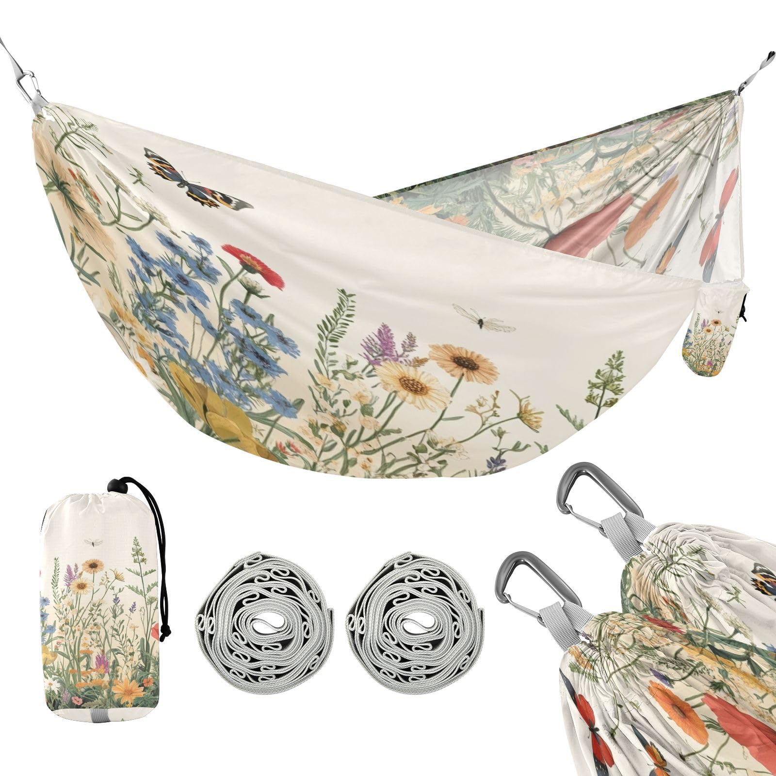 Haskirky Wildflower Butterfly Camping Hammock, Single Portable Hammocks with Tree Straps & Attached Carry Bag, 330Lbs Capacity Perfect for Outside Indoor Hiking Beach Backpack Travel
