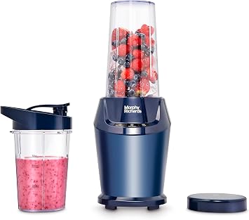 Morphy Richards Compact Personal Blender, 2 x Cups with Lids, Smoothie Maker, 3 Pre-settings, Dishwasher Safe, 1000w, Midnight Blue, 403060