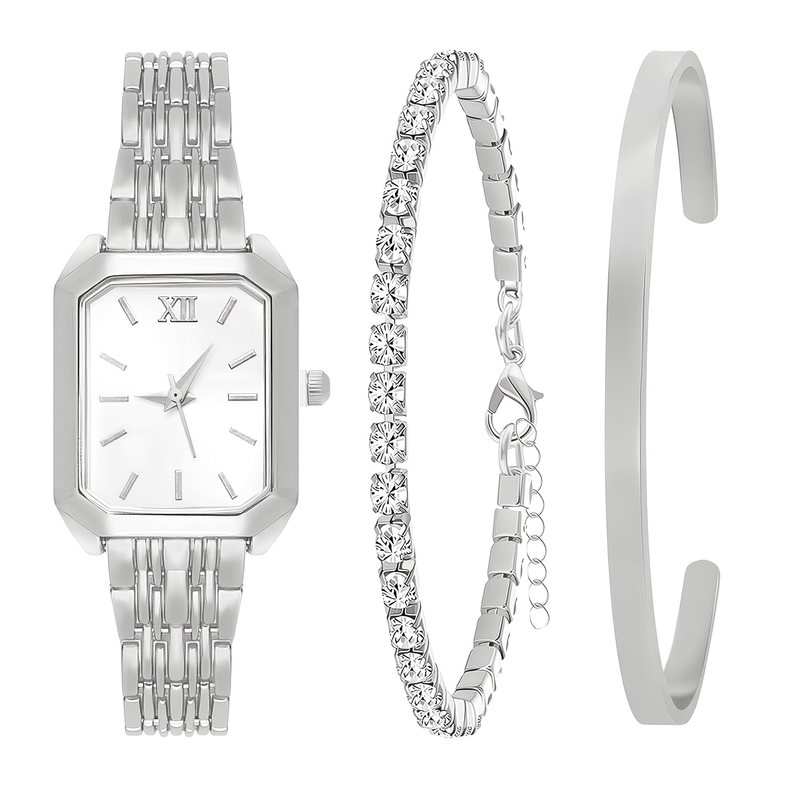 NEWITIN 3 Pieces Women Gold Watch Bracelets Set Fashion Costume Jewelry Stainless Steel Gold Plated Square Wristwatch Diamond Bangle Bracelet Watch Jewelry Set for Women