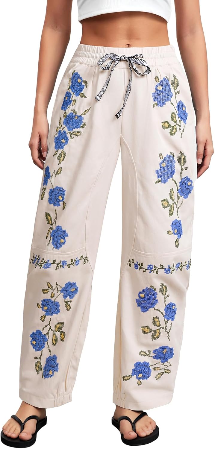 Kedera Mid Rise Barrel Jeans for Women Embroidered Wide Leg Denim Pants Boyfriend Baggy Jeans with Pockets