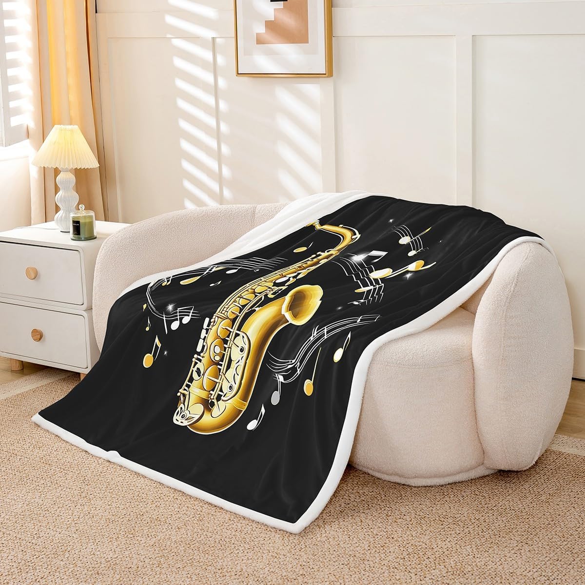 Erosebridal Saxophone Sherpa Blanket Rotating Musical Notes Fleece Twin 60"x80" Black Modern Music Theme Fuzzy Blanket for Kids Boys Girls Sofa Decor
