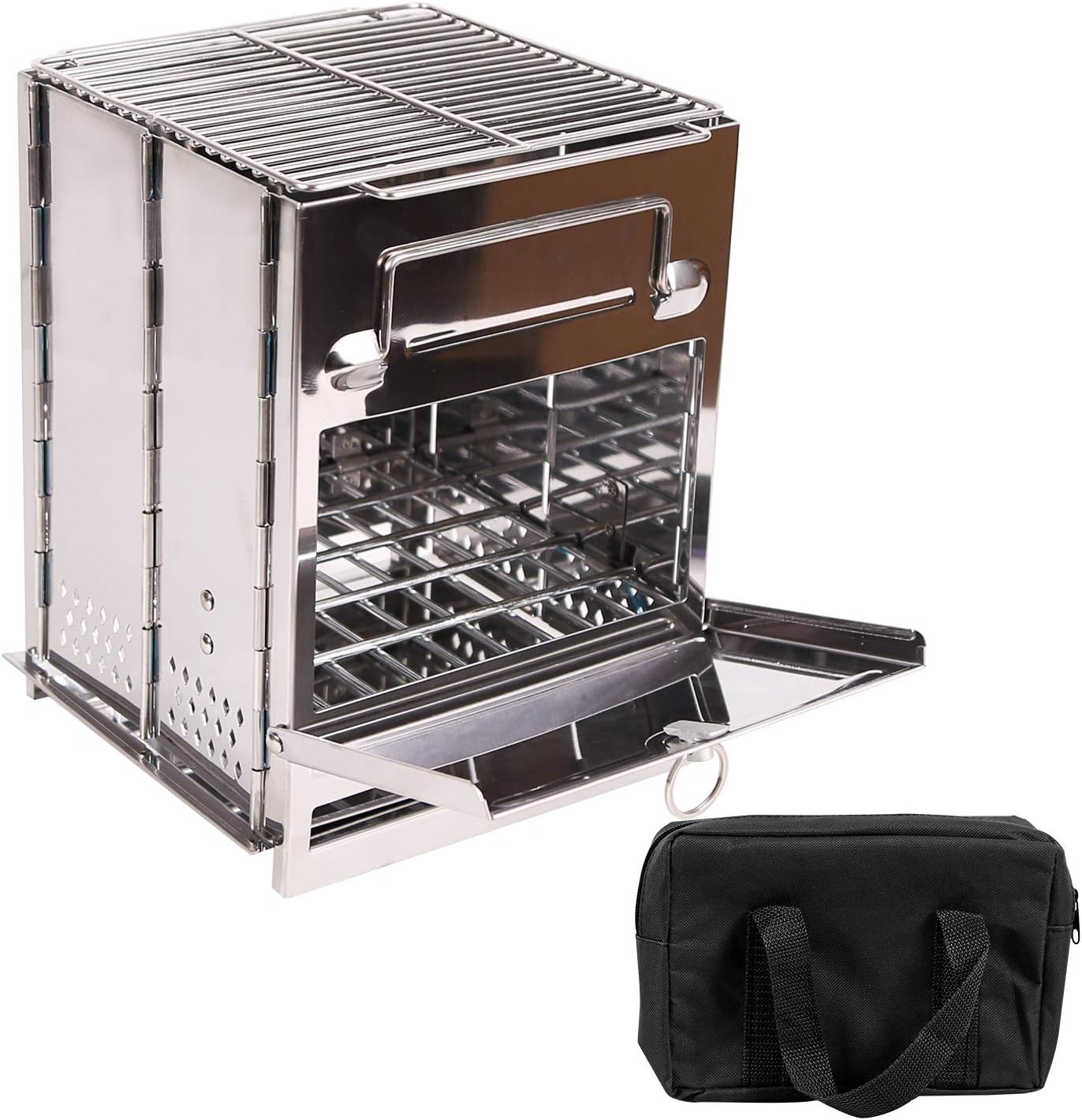 Large Portable Folding Camping Wood Stove for Outdoor Cooking, Sturdy Lightweight 304 Stainless Steel Wood Burning Camp Stove with Grill for Backpacking BBQ Silver
