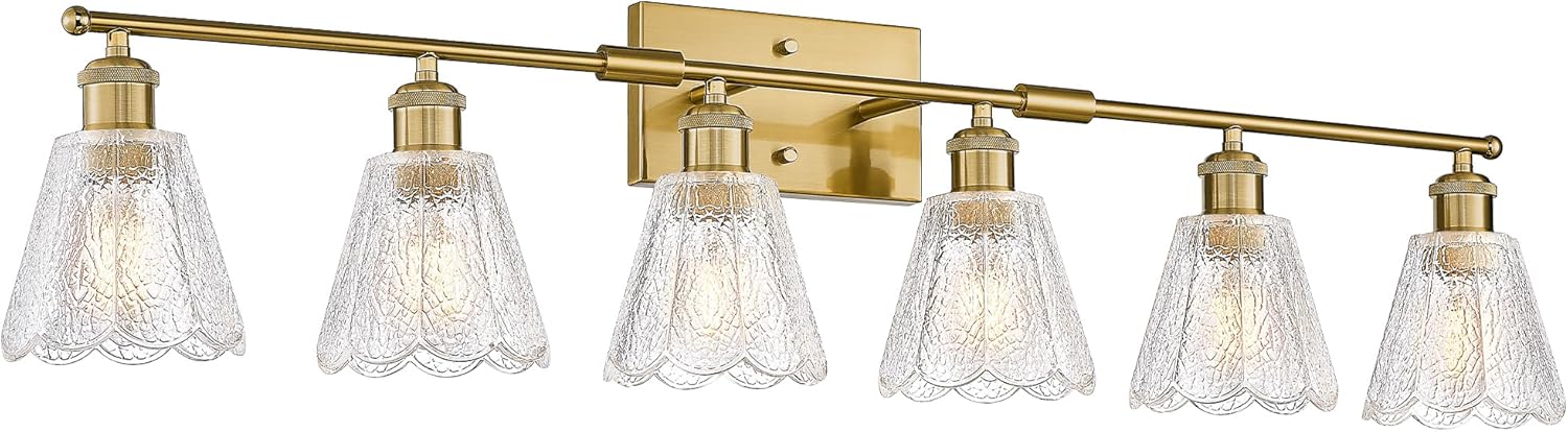 HWH INVESTMENT Bathroom Light Fixtures, 6-Light Brushed Gold Vanity Lights for Bathroom with Clear Floral Glass Shade, 41 inch Bathroom Vanity Lights Over Mirror for Bedroom, 5HJX110B-6W BG
