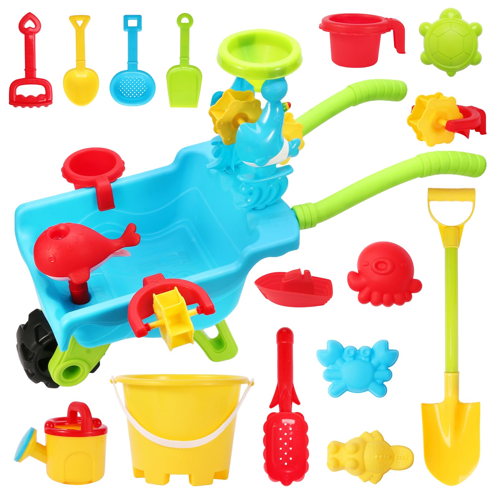 Beach Water Sand Toys for Kids - Beach Trolley with Shovel Tool Kit, Bucket & Animal Molds - Summer Outdoor Sensory Gift for Boys Girls Toddlers 3-5 Years