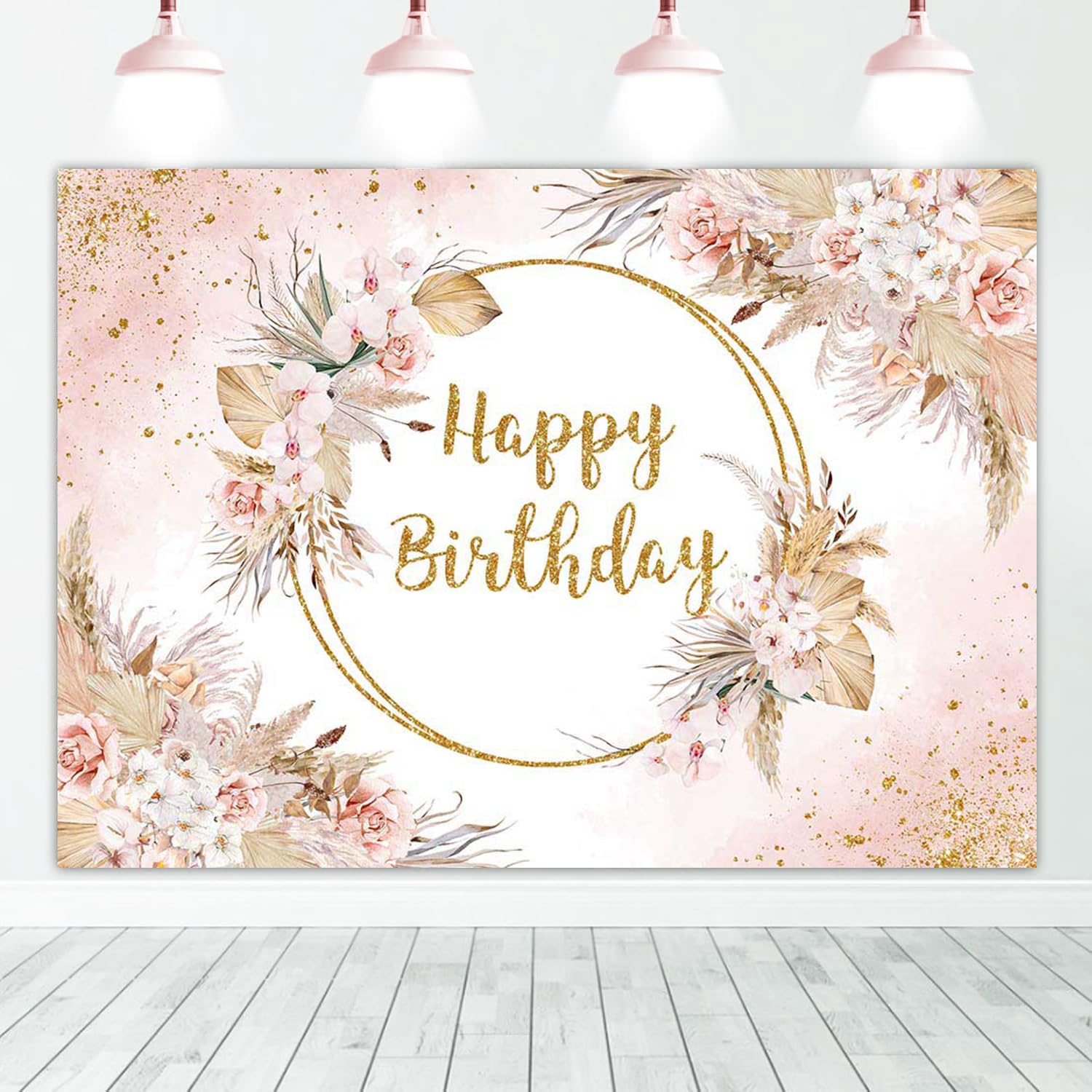 Mocsicka Boho Happy Birthday Backdrop 7x5ft Bohemian Pampas Grass Blush Birthday Party Decorations Photo Backdrops Boho Floral Girl Birthday