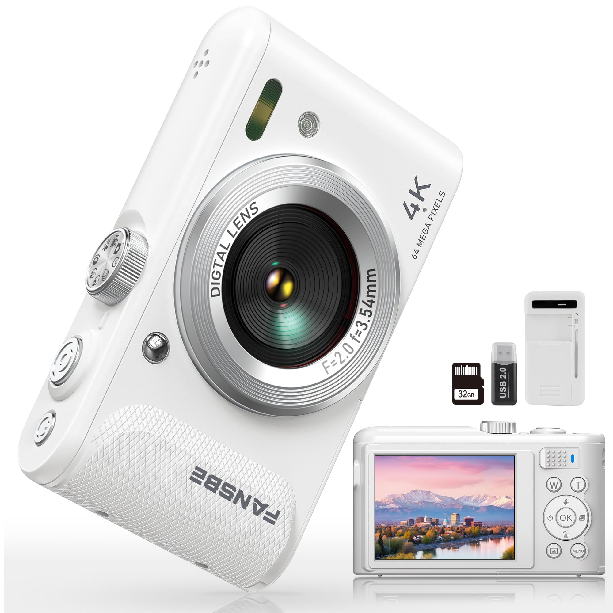 Fansbe Smart Digital Camera, 4K Vlogging Camera with 64MP, Point and Shoot Digital Cameras with 18X Zoom, Anti-Shake, Mode Dial, 32GB SD Card, Card Reader, Charger, Compact Small Cameras, Off White