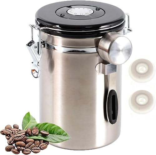 Recipiente de café hermético de 1.8 L, recipiente de almacenamiento de café de 26 onzas, tarro de café hermético de acero inoxidable con cuchara,