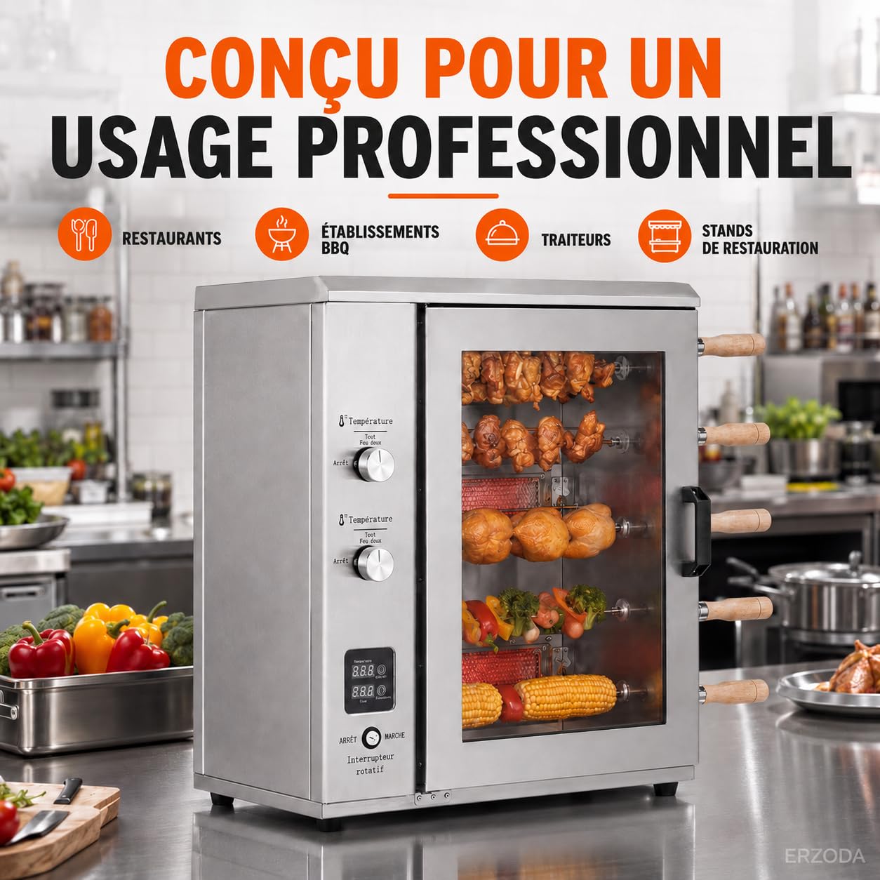 Four Rôtissoire Professionnel à Gaz GPL, Rôtissoire à Poulet 5 Broches en Acier Inox pour Restaurant et Snack