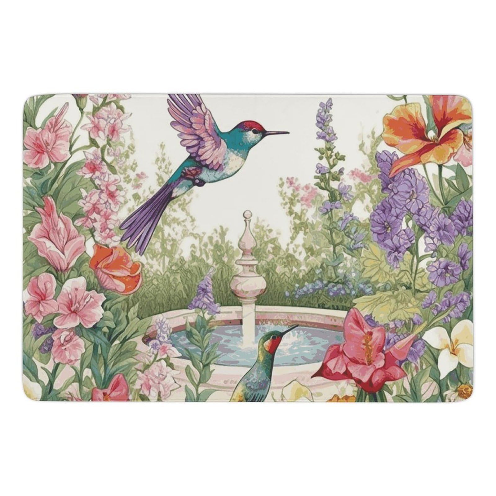 Tapis de bain en velours corail lavable grand format avec motif jardin oiseaux et fleurs doux