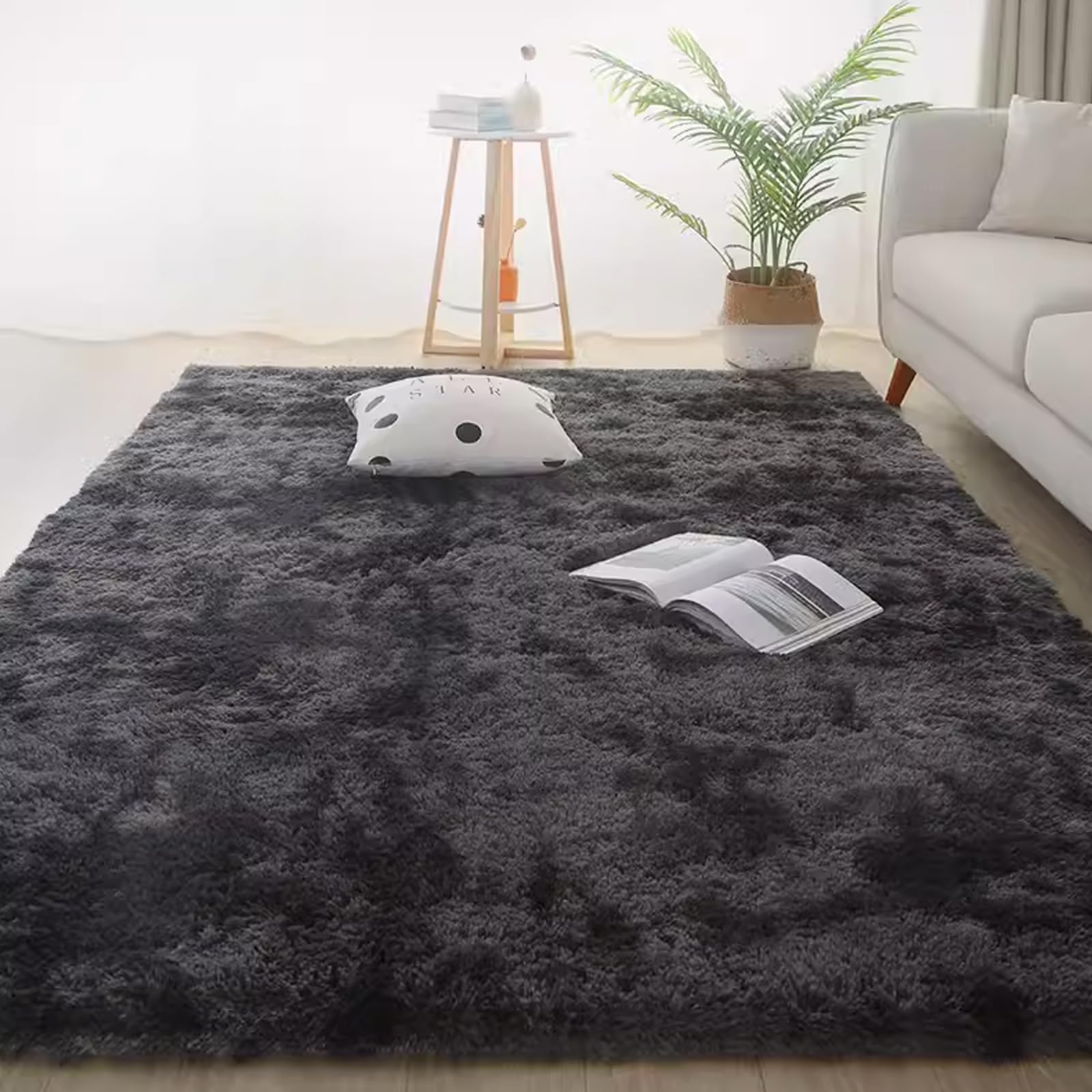 Rug, 5X8 Black Living Room Rugs, Fluffy Furry Rug, Bedroom, Plush, Soft, Large