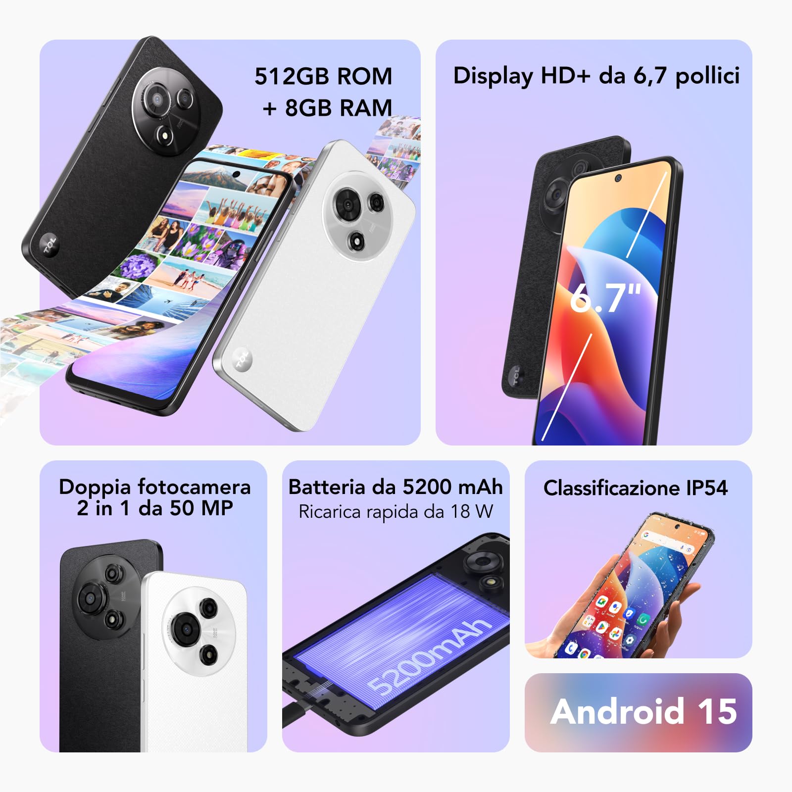 TCL 60 SE Cell Phone, Schermo HD+ da 6,7", Smartphone Sbloccato 8+512GB, Doppia fotocamera 50MP, Batteria Grande da 5000mAh, Smartphone Android 15, Altoparlanti Doppi, Bianco Blizzard