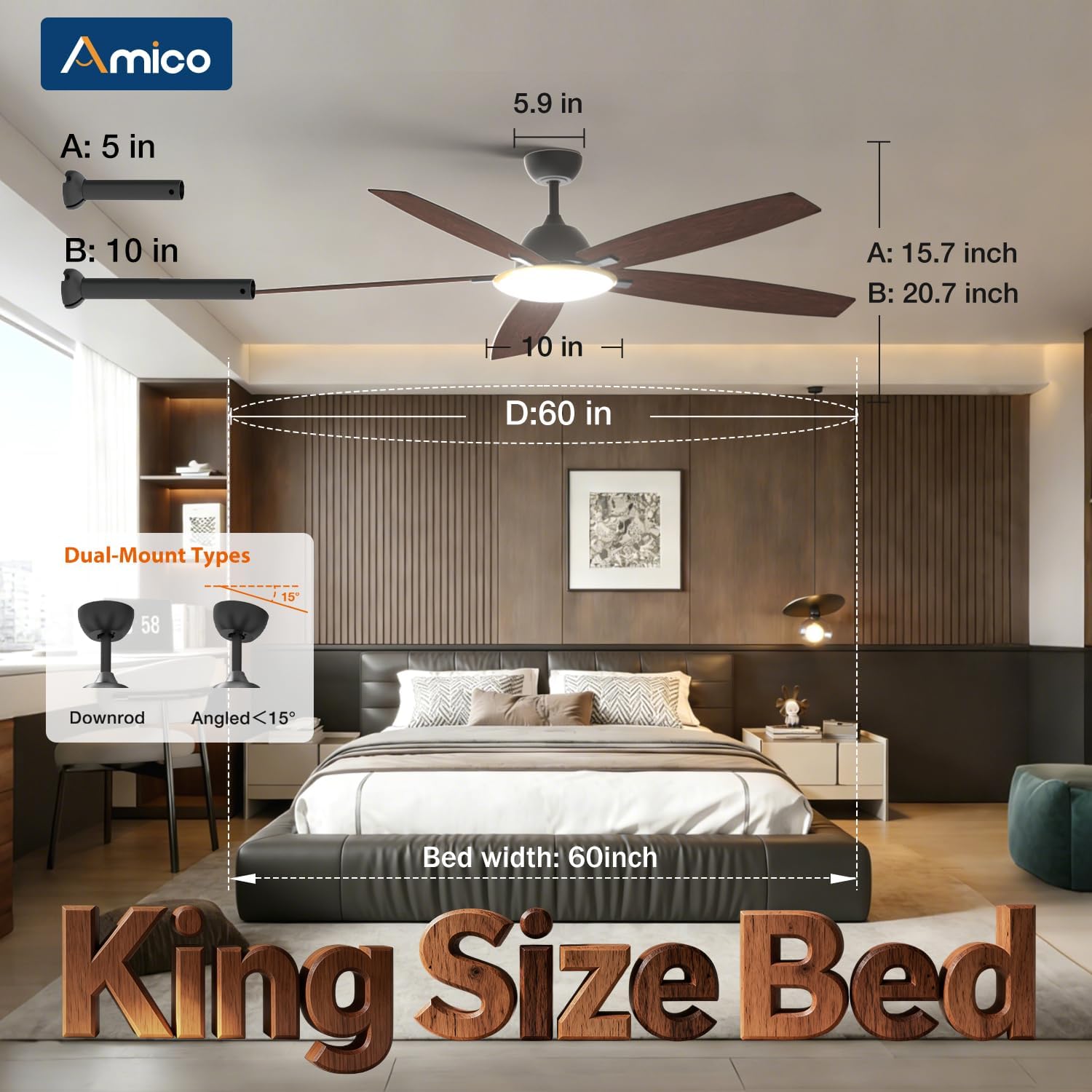 Amico Ceiling Fans with Lights, 60 inch Smart Ceiling Fan with Remote/APP/Alexa Control, Reversible DC Motor, 5 Blades, 6 Speeds, 3CCT, Dimmable, Noiseless, Wifi Ceiling Fan for Farmhouse, Bedroom