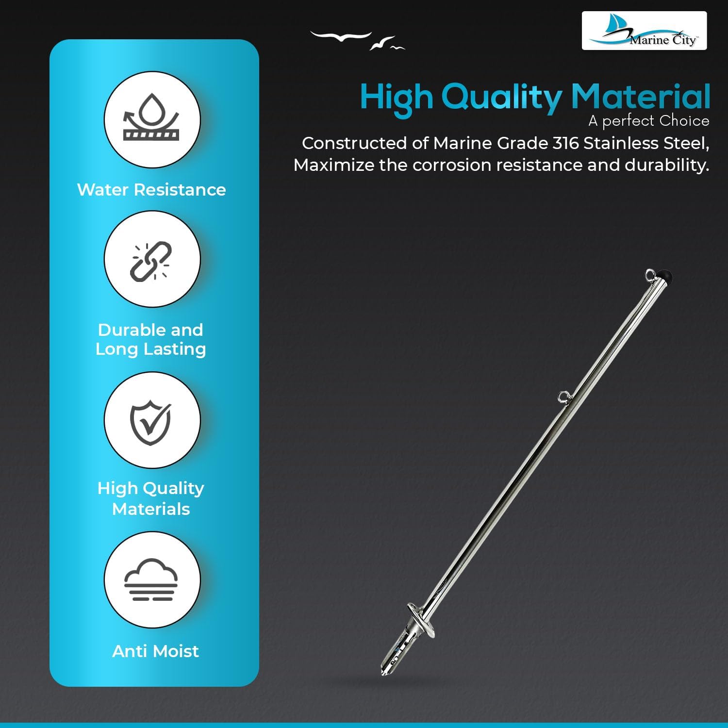 MARINE CITY 316 Stainless Steel Rail Mount Flag Staff Pole - Bright Polished Finish, Ideal for Boats, Yachts, Marines, RVs, Fishing Boats