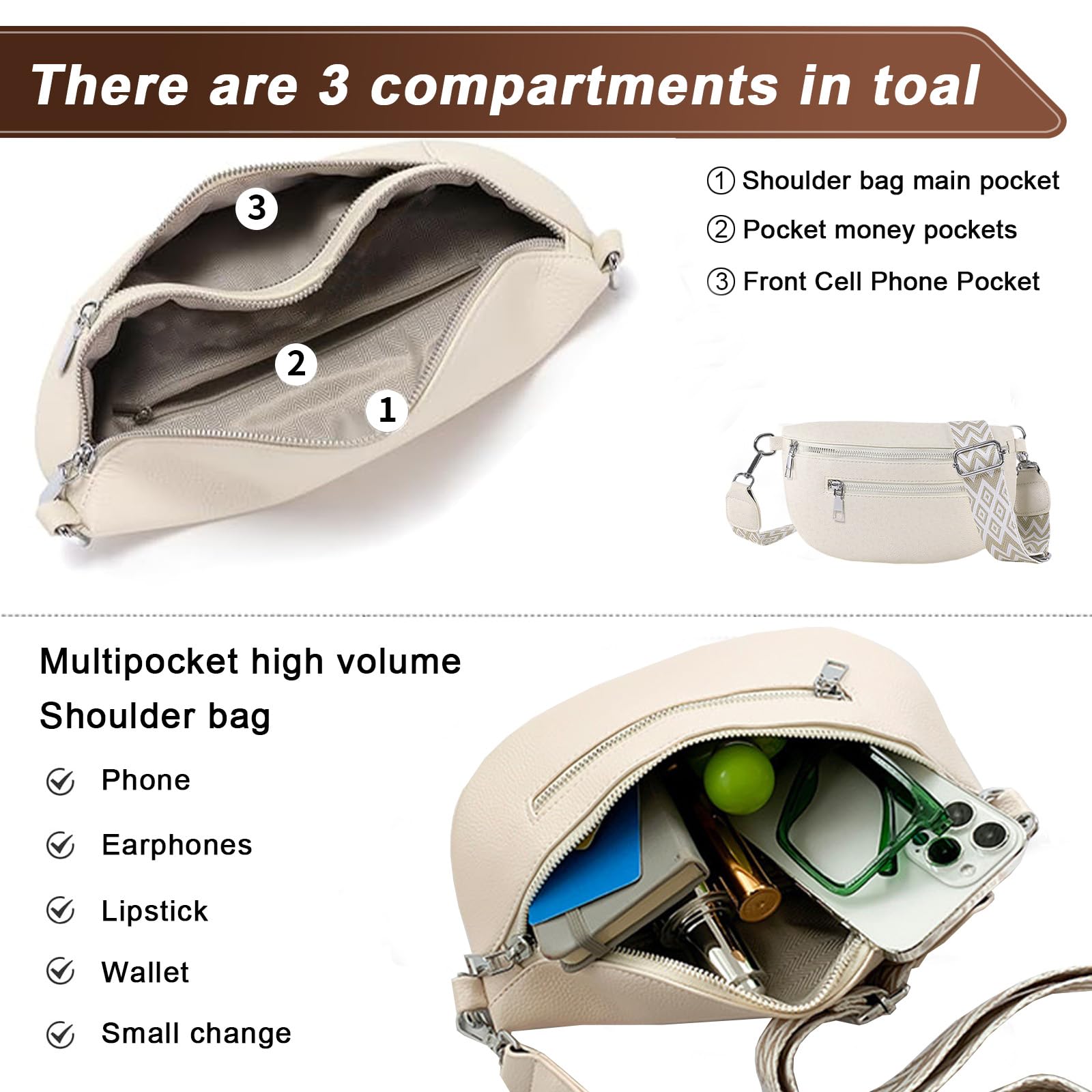 Sac Bandoulière Femme Large Bandoulière Sacs Banane Ville 24,5 * 14,5 cm Cuir Végan Pochette Femme Élégant Réglable Cadeau pour Voyages et Quotidien
