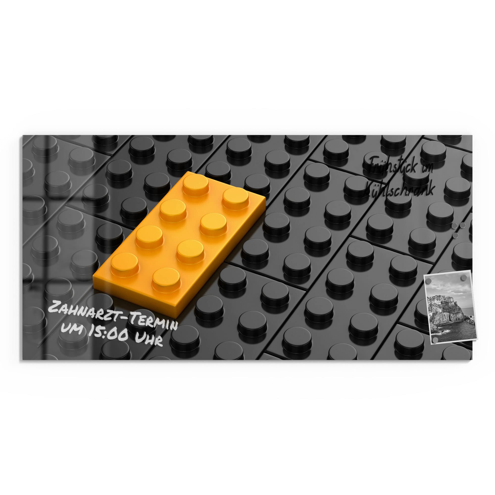DEQORI Szklana tablica magnetyczna, wymiary 100 x 50 cm, motyw "klocki z wypustkami, tablica memo ze szkła, tablica magnetyczna z magnesami, długopisem i chusteczką do kuchni i biura, tablica magnetyczna i do pisania