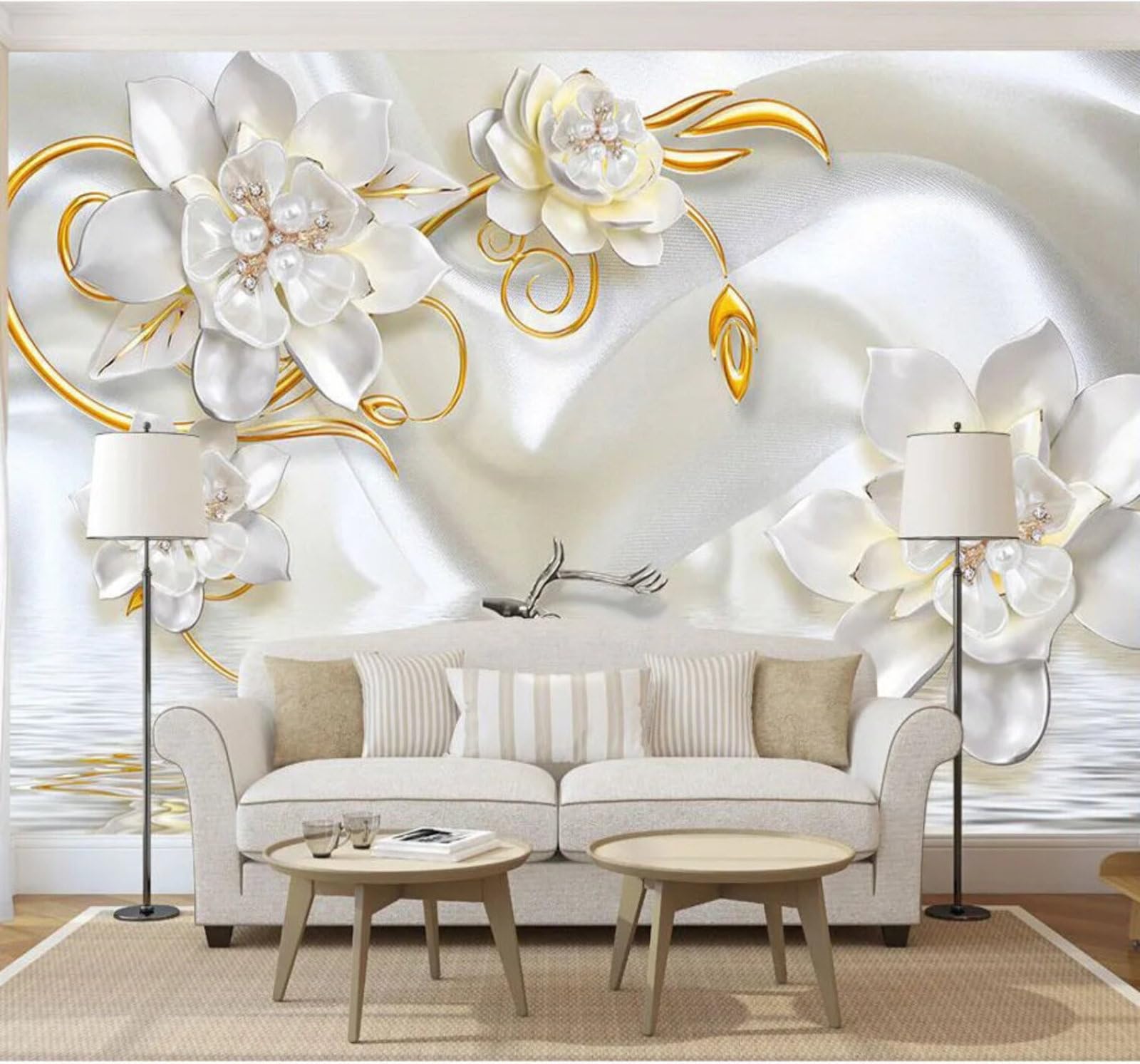 Three Dimensional Exquisite Affordable Luxury Pearl Floral Jewellery 3D Wallpaper Easy Install Feature Office Living Room Sofa Bedroom TV Background Wall Decoration-400cm×280cm
