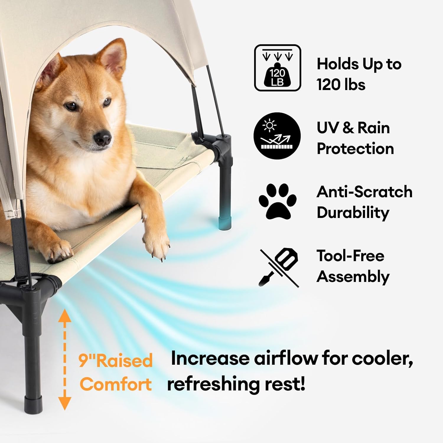 funny fuzzy elevated dog bed with canopy for large dogs up to 120 lbs– raised dog cot bed with uv shade,waterproof,breathable mesh,outdoor & indoor use,portable,khaki(36"×30"×7") khaki large