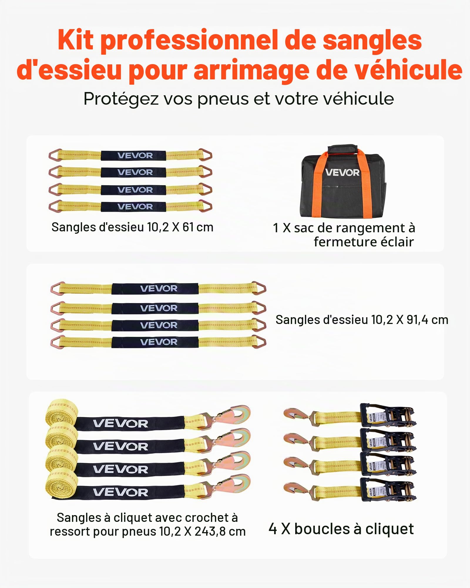 VEVOR Kit d’Arrimage de Roues, Sangles à Cliquet de Type Essieu, Capacité de Charge de 1512 kg, Résistance à la Rupture de 4540 kg, Sangle d’Arrimage pour VTT UTV Camion SUV Remorque Pick-up, Jaune