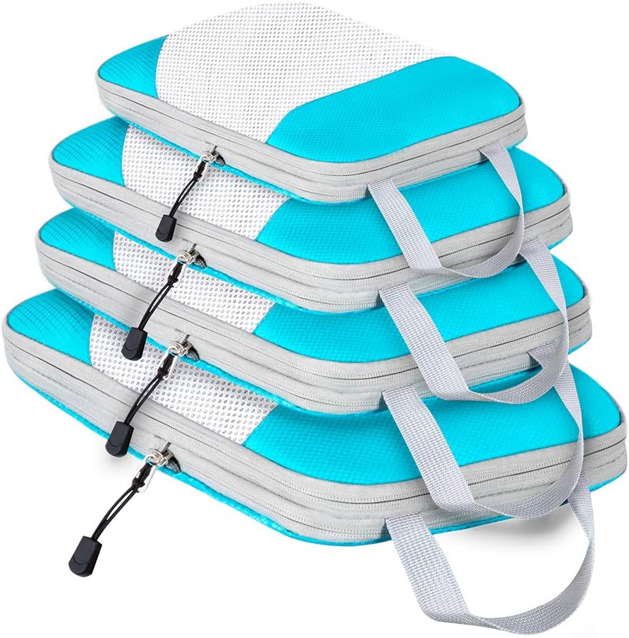 4 Pack Compression Packing Cubes, Expandable Luggage Packing Organizers with Space Saving Double Zipper, Breathable Top Mesh Organize and Compress Storage Bags for Travel（Sky Blue）