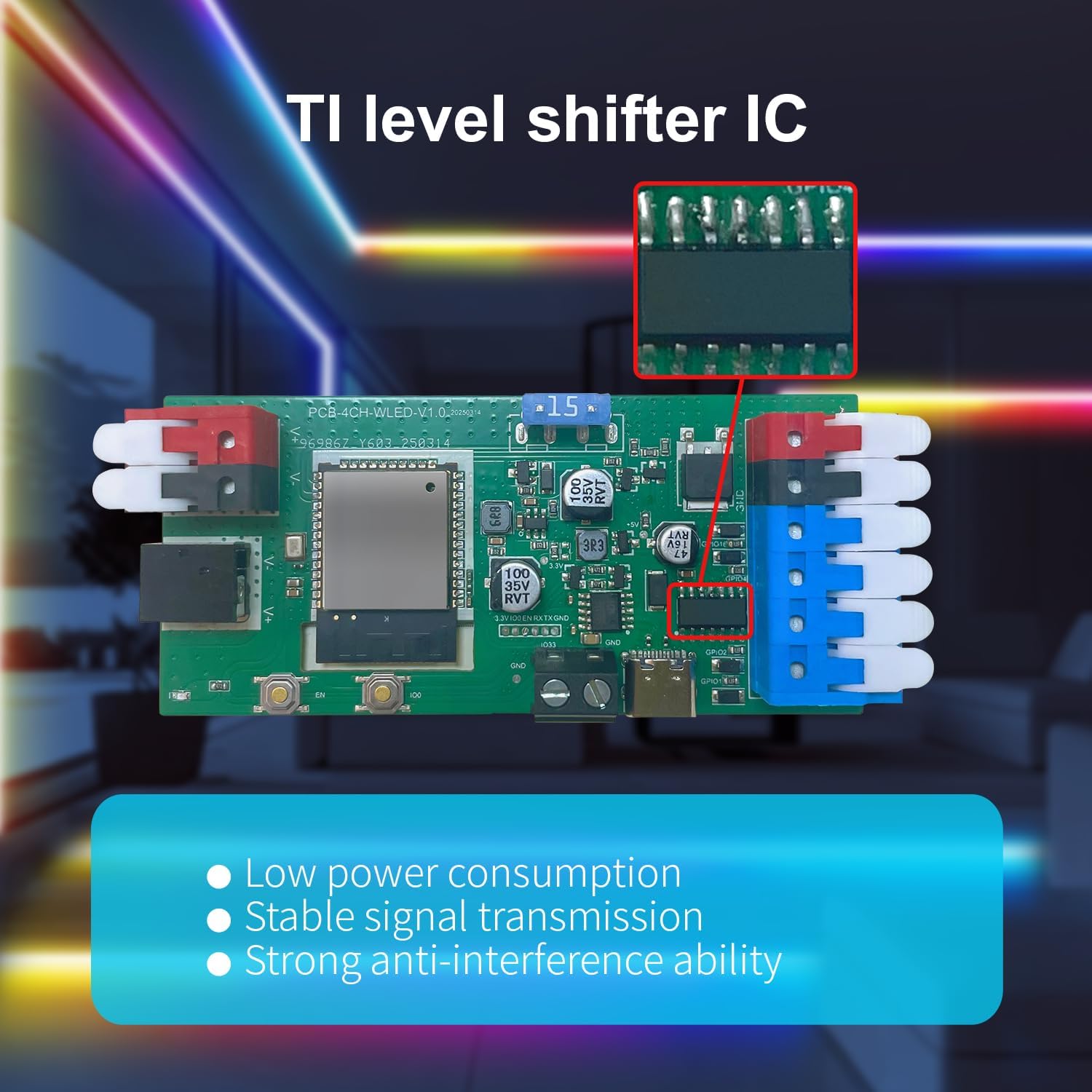 ESP32 WLED RGB IC LED Strip Controller 4 Channel Outputs 15A Fuse Mic Sound Dynamic Lights USB-C UART DIY Energy Saving Relay Level Shifter IC for Digital WS2811 WS2812 WS2815 SK6812 etc - Image 5