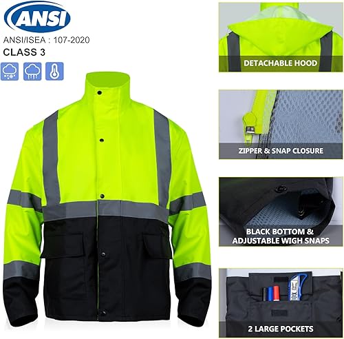 Miniatura 3 de VENDACE Trajes de lluvia de alta visibilidad clase 3, equipo de lluvia para hombre, chaqueta de trabajo de lluvia de seguridad reflectante de alta