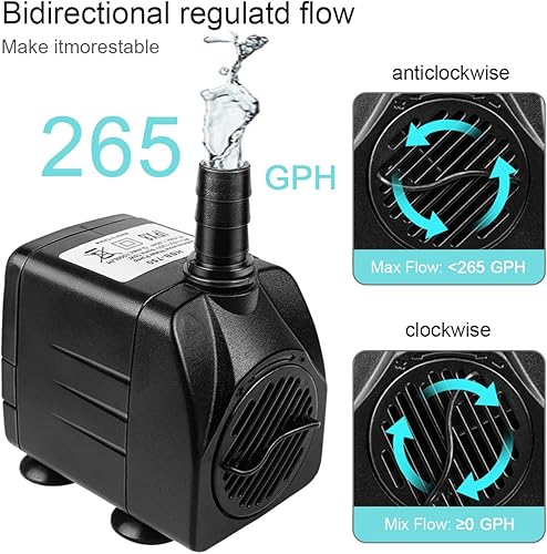 Miniatura 5 de Bomba sumergible de 15 W, bomba de agua de fuente ultra silenciosa, 265 GPH con 5.25 pies de alta elevación 4.8 pies, cable de alimentación para