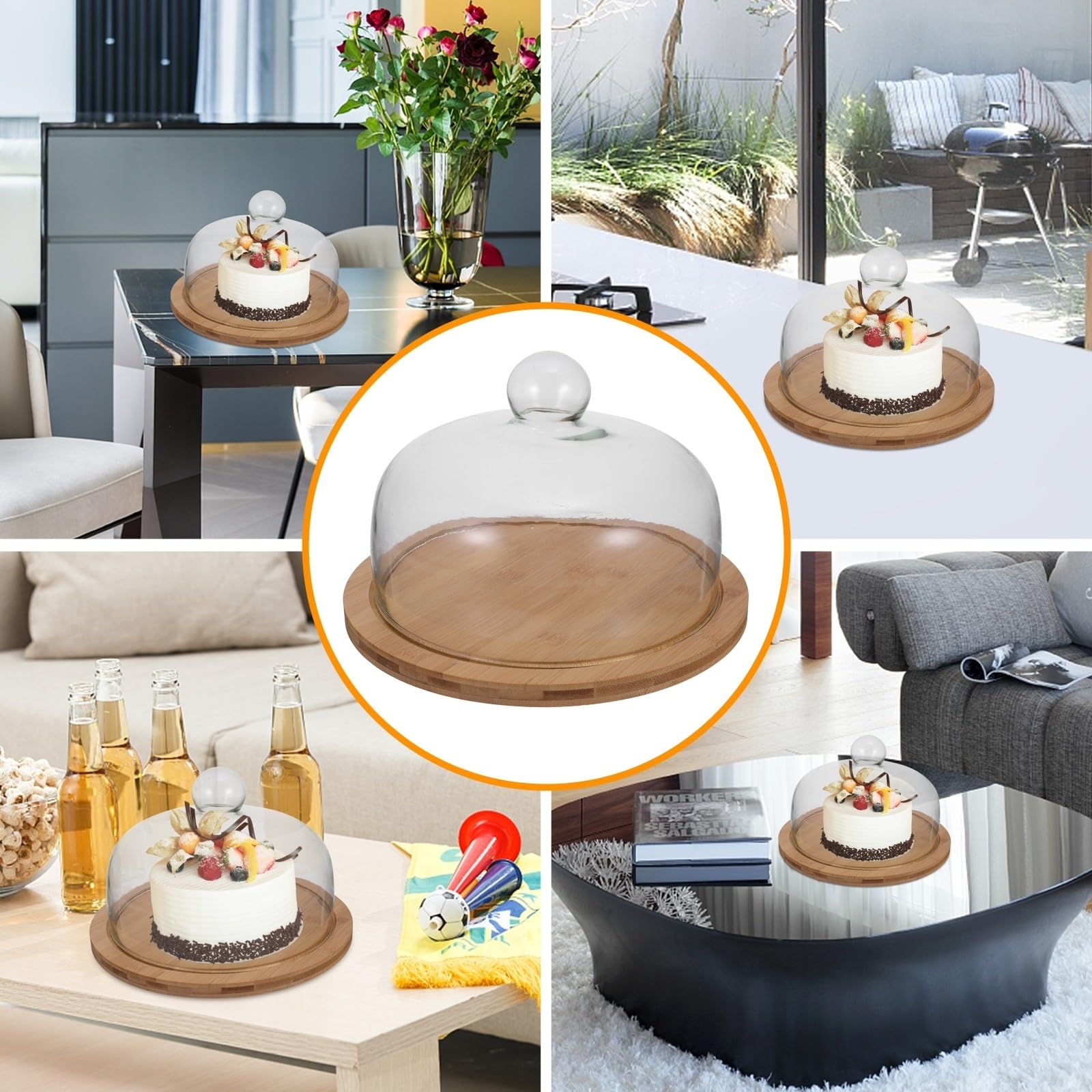 Zerodeko Soporte para Tartas con Tapa de Cristal y Base de Madera
